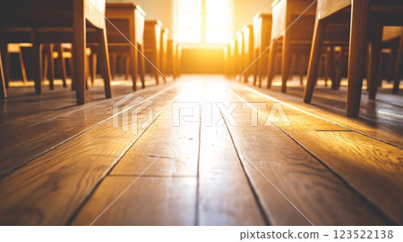 Sunlit Classroom Interior with Wooden Floor and Empty Desks Sunlit Classroom Interior with Wooden Floor and Empty Desks 123522138