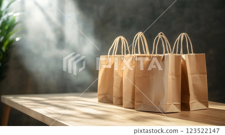 Craft Paper Shopping Bags on a Wooden Table with Soft Lighting 123522147