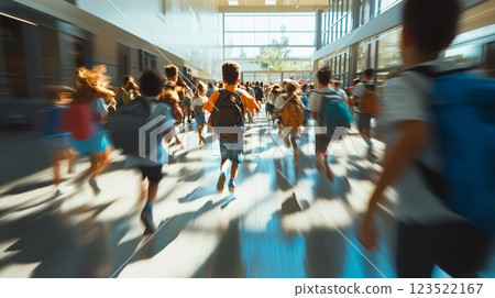 Children Running in a Bright and Modern School Hallway Children Running in a Bright and Modern School Hallway 123522167