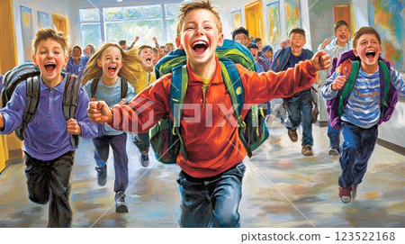 Children Running Joyfully in School Hallway with Backpacks Children Running Joyfully in School Hallway with Backpacks 123522168