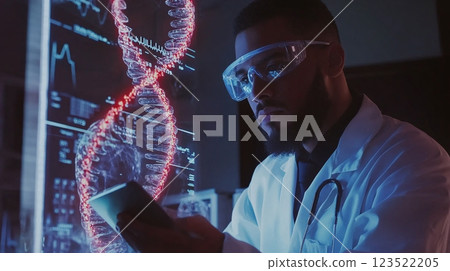 Scientist Conducting Research with DNA Structure in Laboratory Setting 123522205