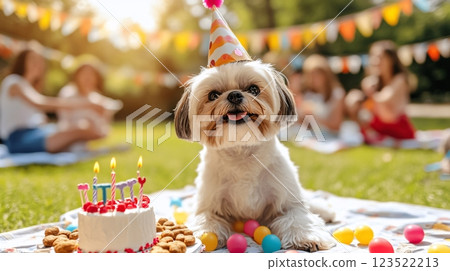 Happy Dog Celebrating Birthday with Cake and Party Decorations Outdoors Happy Dog Celebrating Birthday with Cake and Party Decorations Outdoors 123522213