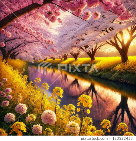 櫻花和油菜花倒映在水面上的美麗景色 123522433