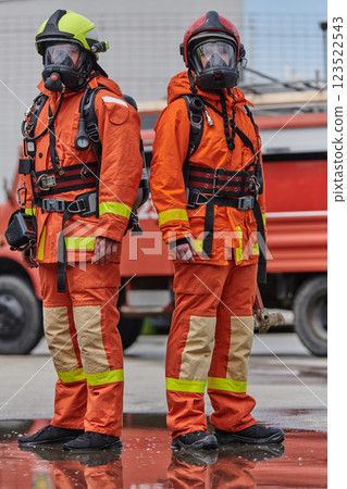 Firefighter Team Training with Various Tools in Professional Gear Firefighter Team Training with Various Tools in Professional Gear 123522543