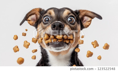 A dog with a surprised expression holding dog food A dog with a surprised expression holding dog food 123522548