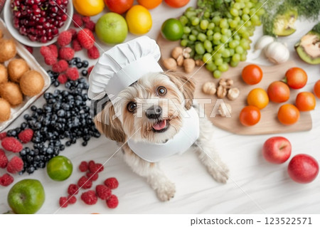 戴著廚師帽的狗和五顏六色的食材 戴著廚師帽的狗和五顏六色的食材 123522571