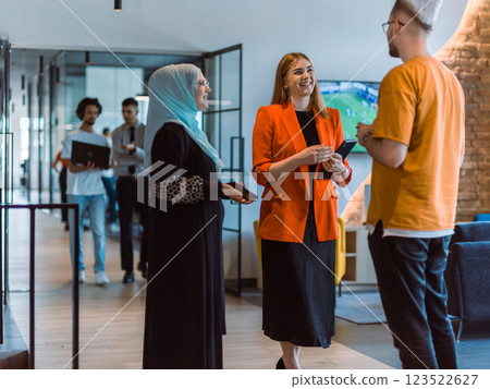 A group of young business colleagues, including a woman in a hijab, stands united in the modern corridor of a spacious startup coworking center, representing diversity and collaborative spirit 123522627