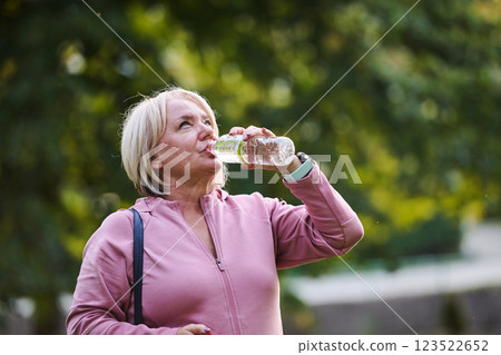 An elderly woman drinks water after a hard workout in nature An elderly woman drinks water after a hard workout in nature 123522652