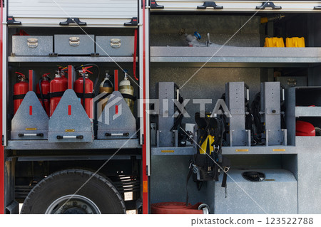 Close-up of essential firefighting equipment on a modern firetruck, showcasing tools and gear ready for emergency response to hazardous fire situations Close-up of essential firefighting equipment on a modern firetruck, showcasing tools and gear ready for emergency response to hazardous fire situations 123522788