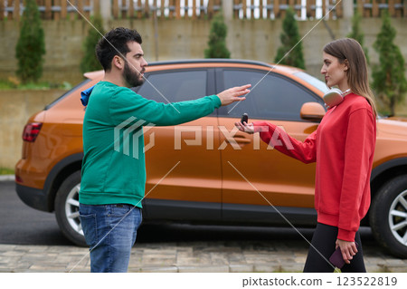 Car keys handshake, seller or car salesman and customer in a dealership, shake hands over the car keys 123522819