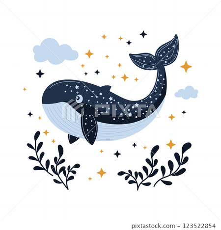 Big Blue Whale Shark Animal Cartoon Character Swimming with Floral Decoration 123522854