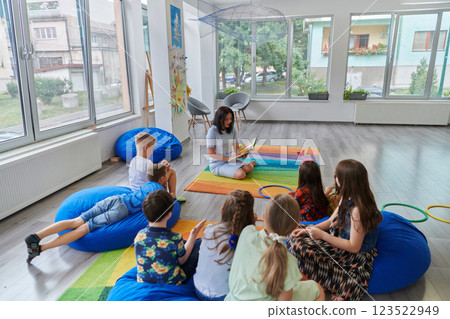 Reading time in an elementary school or kindergarten, a teacher reading a book to children in an elementary school or kindergarten. The concept of pre-school education. Selective focus 123522949