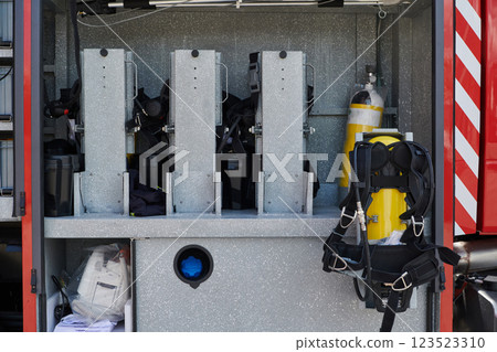 Close-up of essential firefighting equipment on a modern firetruck, showcasing tools and gear ready for emergency response to hazardous fire situations 123523310