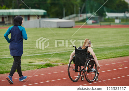 A Muslim woman in a burqa running together with a woman in a wheelchair on the marathon course, preparing for future competitions. 123523337
