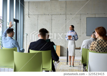 A businesswoman leader guiding a meeting with her colleagues, discussing business challenges, marketing strategies, and new plans for growth and success 123523415