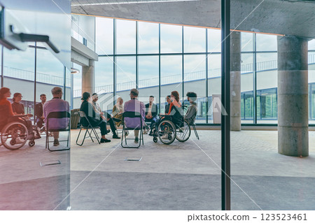 A diverse group of young business entrepreneurs gathered in a circle for a meeting, discussing corporate challenges and innovative solutions within the modern confines of a large corporation 123523461