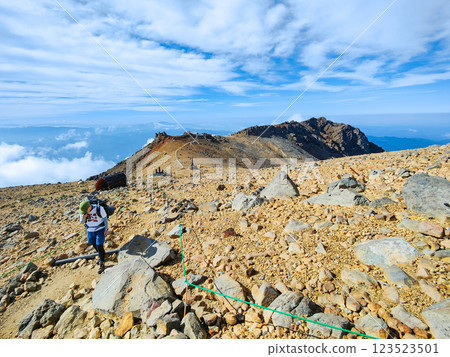 Climbing Mt. Ontake in summer: Otaki summit to Kengamine (Hachō-dārumi) 123523501
