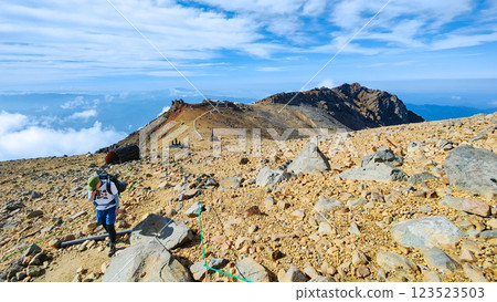 Climbing Mt. Ontake in summer: Otaki summit to Kengamine (Hachō-dārumi) 123523503