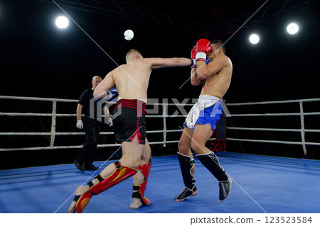 Fierce boxing match showcases athletes' power and skill. 123523584