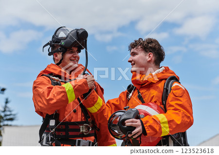 A unified team of firefighters, adorned in their uniforms, engages in a heartfelt celebration marked by triumphant salutes and cheers, embodying the joy and gratitude following the successful A unified team of firefighters, adorned in their uniforms, engages in a heartfelt celebration marked by triumphant salutes and cheers, embodying the joy and gratitude following the successful 123523618