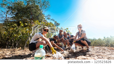 Eco volunteers wearing masks cleaning trash from the beach and ocean.Generated image 123523826