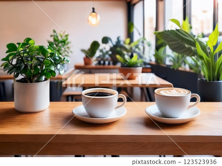 White cup and potted plant on a table 123523936
