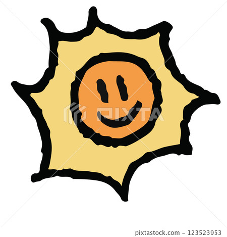 Hand drawn crayon illustration of happy sun for day time, summer break, sticker, picnic, park, beach vibe, icon, cute patch, hot season, warm weather, temperature, earth, nature, garden, outdoor 123523953