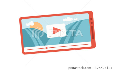Smartphone displays a video for user entertainment. Mobile device plays engaging media content. Digital application showcases dynamic visuals, animated interface, online social activity. Flat design, 123524125