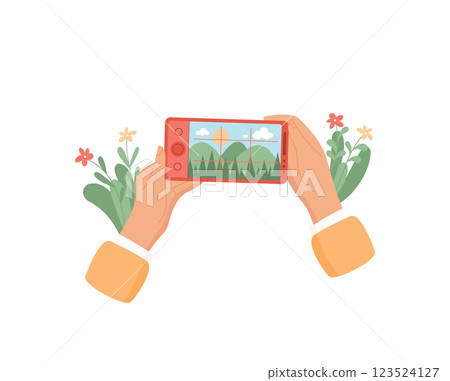 A hand holds a phone with an open camera application. The user interacts with the mobile device to capture a photo digital technology. The application allows for photo sharing and communication. A hand holds a phone with an open camera application. The user interacts with the mobile device to capture a photo digital technology. The application allows for photo sharing and communication. 123524127