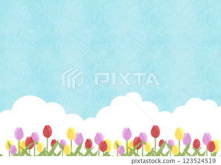清新的藍天和鬱金香的風景插圖 123524519