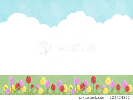 清新的藍天和鬱金香的風景插圖 123524522