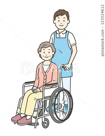 全身插圖:一位坐在輪椅上的老年婦女和一位協助她的年輕男子 全身插圖:一位坐在輪椅上的老年婦女和一位協助她的年輕男子 123524612