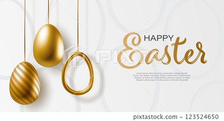 Happy Easter banner with realistic golden eggs in different design. 3d vector egg decoration banner 123524650