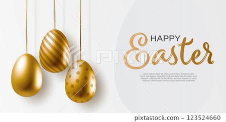 Happy Easter day banner with realistic golden eggs hanging on ribbon. Vector holiday greeting card Happy Easter day banner with realistic golden eggs hanging on ribbon. Vector holiday greeting card 123524660