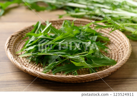 Mizuna, Water green, Japanese mustard green or spider mustard in basket on wooden background 123524911