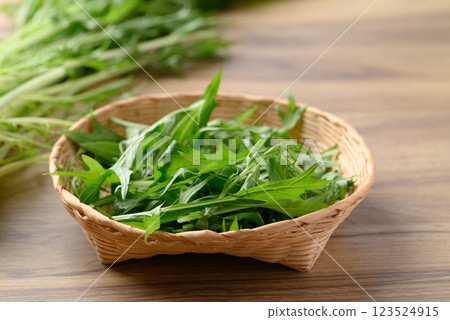 Mizuna, Water green, Japanese mustard green or spider mustard in basket on wooden background Mizuna, Water green, Japanese mustard green or spider mustard in basket on wooden background 123524915