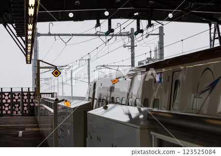 A train departs amid falling snow [Hokuriku Shinkansen Shin-Takaoka Station] 123525084