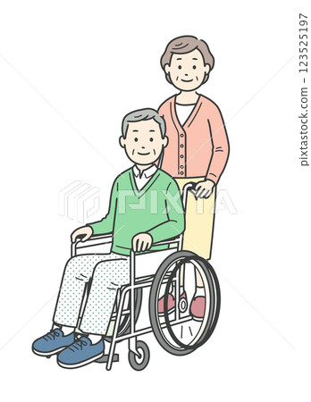 全身插圖：一位坐在輪椅上的老年男子和一位協助他的老年婦女 123525197