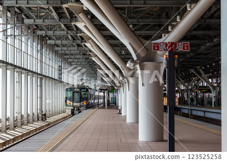 A train parked on the long platform at the station [Ainokaze Toyama Railway, Toyama Station, Downbound Platform] 123525258