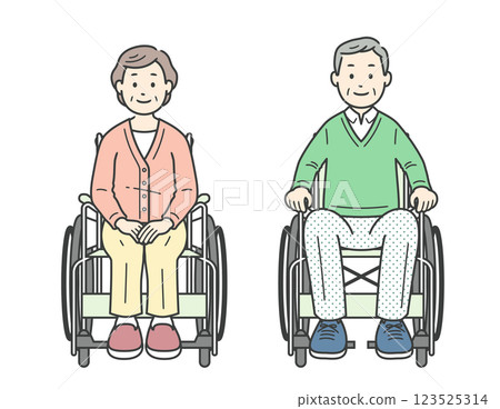 一位老年婦女和一位坐在輪椅上的老人的插圖 123525314