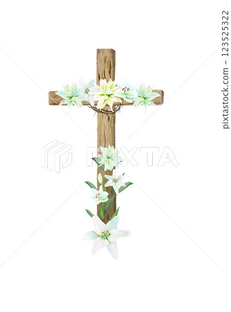Cross with crown of thorns and white lily garland watercolor composition isolated on white. Illustration perfect for Easter, Holy Thursday, christening baptism, wedding cards, stickers decor design Cross with crown of thorns and white lily garland watercolor composition isolated on white. Illustration perfect for Easter, Holy Thursday, christening baptism, wedding cards, stickers decor design 123525322
