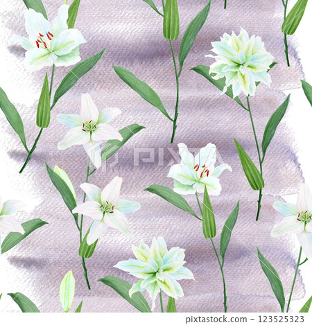 White lily flowers with green stems watercolor seamless pattern isolated on white. High quality clip art perfect for cards, posters, stickers, Easter, christening spring, mother's day, wedding cards White lily flowers with green stems watercolor seamless pattern isolated on white. High quality clip art perfect for cards, posters, stickers, Easter, christening spring, mother's day, wedding cards 123525323