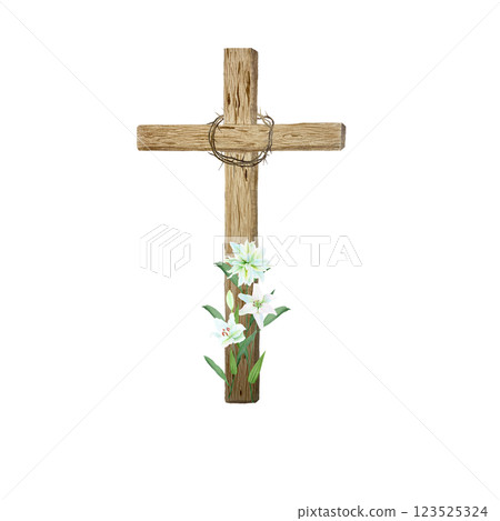 Wooden cross with crown of thorns and white lily watercolor composition isolated on white. Illustration perfect for Easter, Holy Thursday, christening baptism, wedding cards, stickers decor design Wooden cross with crown of thorns and white lily watercolor composition isolated on white. Illustration perfect for Easter, Holy Thursday, christening baptism, wedding cards, stickers decor design 123525324