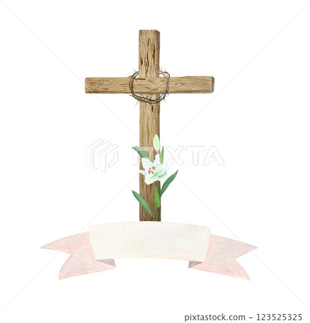 Wooden cross, crown of thorns and lily with empty banner watercolor composition isolated on white. Template perfect for Easter, Passover, Holy Thursday, christening baptism, wedding cards decor design 123525325