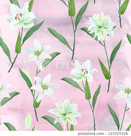 White lily flowers with green stems watercolor seamless pattern on pink watercolor background. High quality clip art perfect for Easter, mother's day, wedding cards, spring wrapping paper, textile White lily flowers with green stems watercolor seamless pattern on pink watercolor background. High quality clip art perfect for Easter, mother's day, wedding cards, spring wrapping paper, textile 123525326
