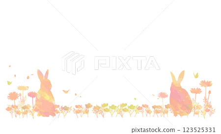 美麗的春天花田和兔子框架背景插圖復活節兔子剪影 123525331