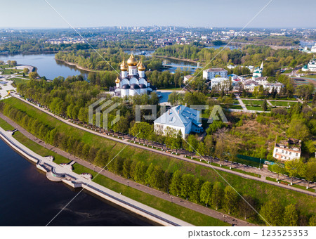Panoramic aerial view of district of Yaroslavl at quay of Volga river Panoramic aerial view of district of Yaroslavl at quay of Volga river 123525353