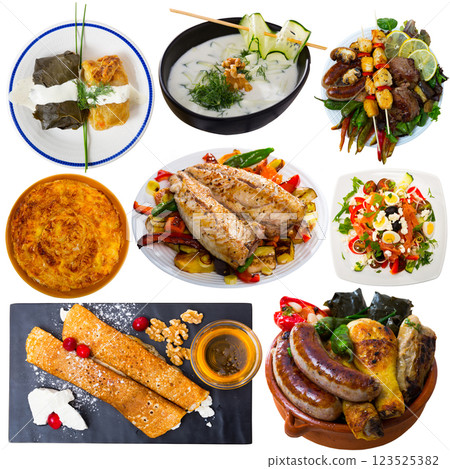 Dishes of traditional Bulgarian cuisine with meat, vegetables, tasty ingredients 123525382