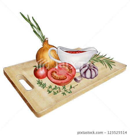Cutting board with vegetables and sauce watercolor 123525514