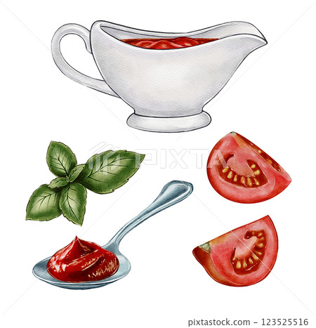 Set of Tomato sauce and fresh tomatoes watercolor 123525516